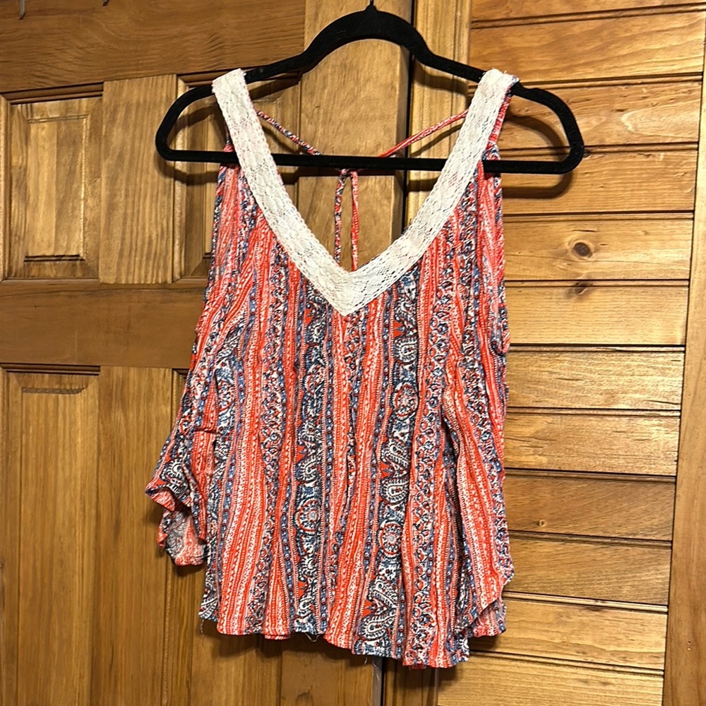 Hollister Red and Blue Asymmetrical Ruffled Tank Top